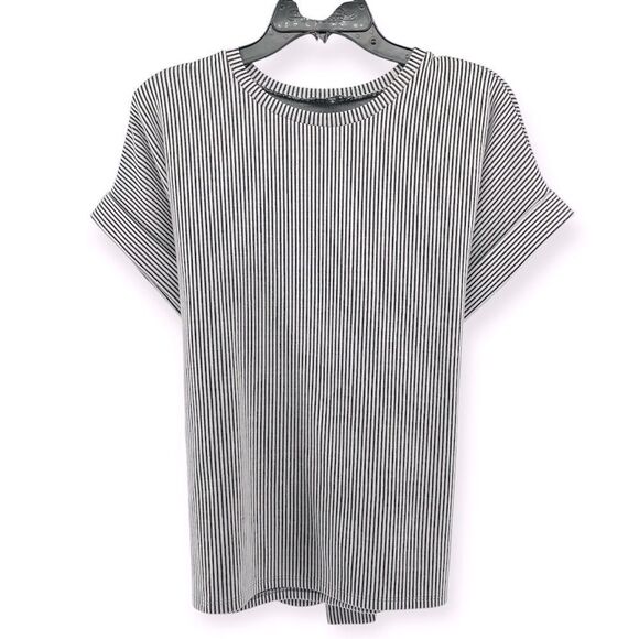 Express Women’s Black White Striped Textured Knit Dolman Belted Top Medium - Picture 1 of 11